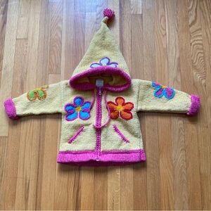 Colorful Hooded Knit Jacket with Floral Design from Ecuador